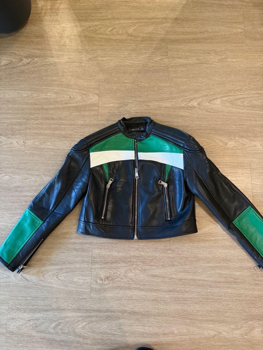Lioness Black, Green & White Colorblock Moto Jacket